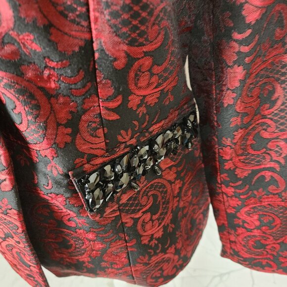 Chico's Red Black Floral Brocade Jewel Pocket Blazer - Picture 4 of 9